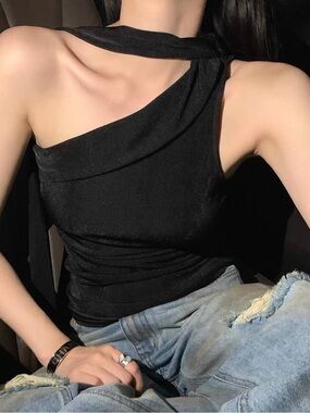 Asymmetric One-Shoulder Black top with Neck Tie